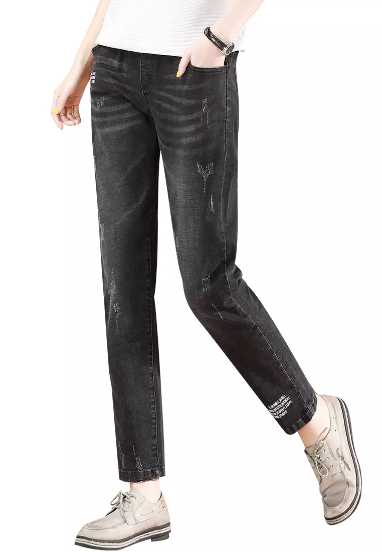 A-IN GIRLS Fashion Scratched Elastic Waist Jeans