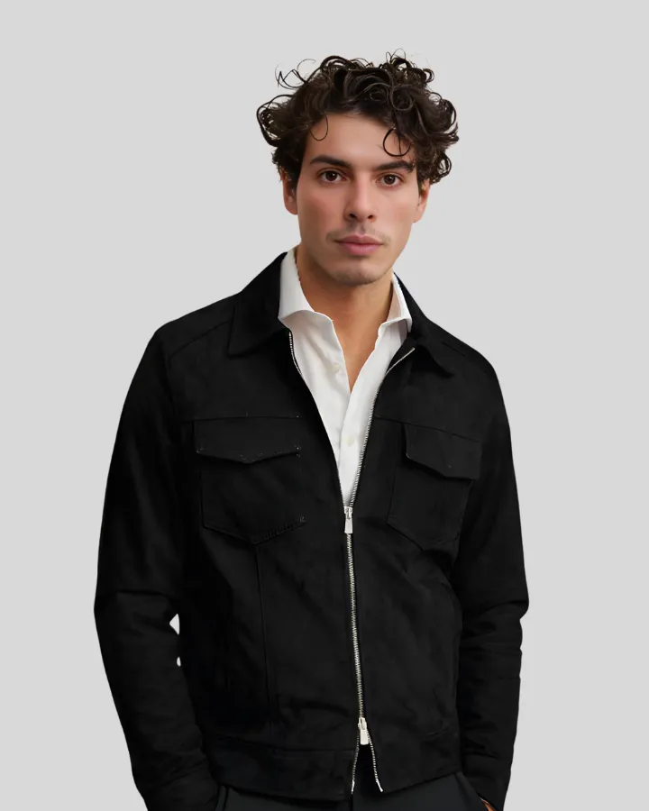 Alexander Black Suede Leather Jacket with Double Front Pocket