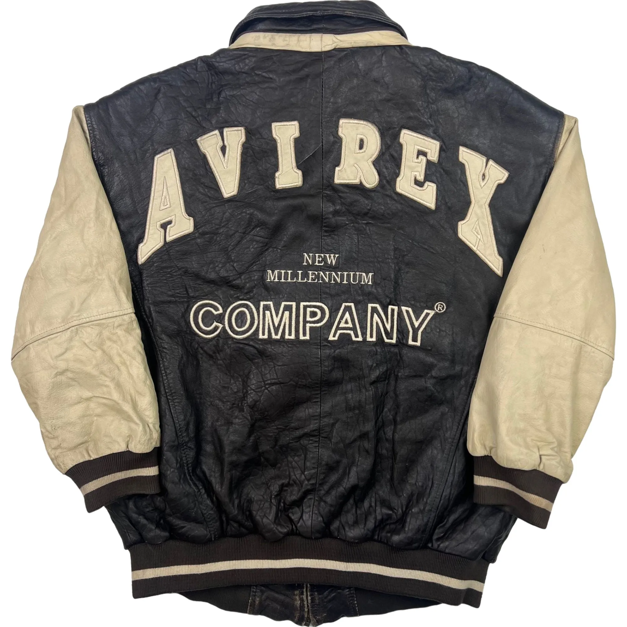 Avirex New Millennium Company Spell Out Leather Jacket Black Beige