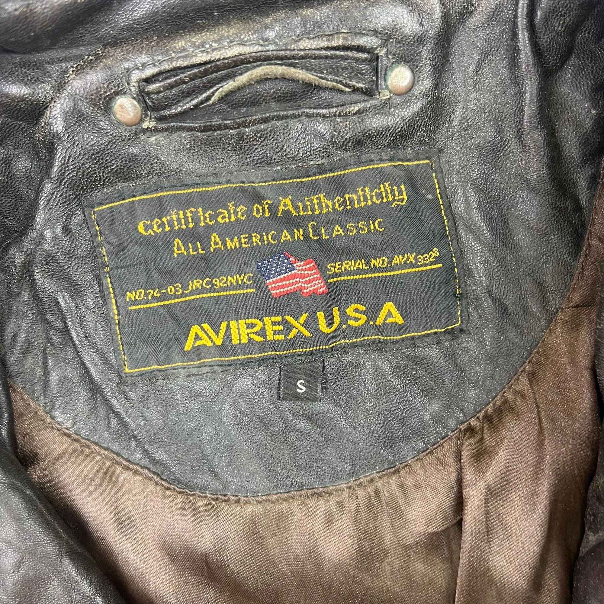 Avirex New Millennium Company Spell Out Leather Jacket Black Beige