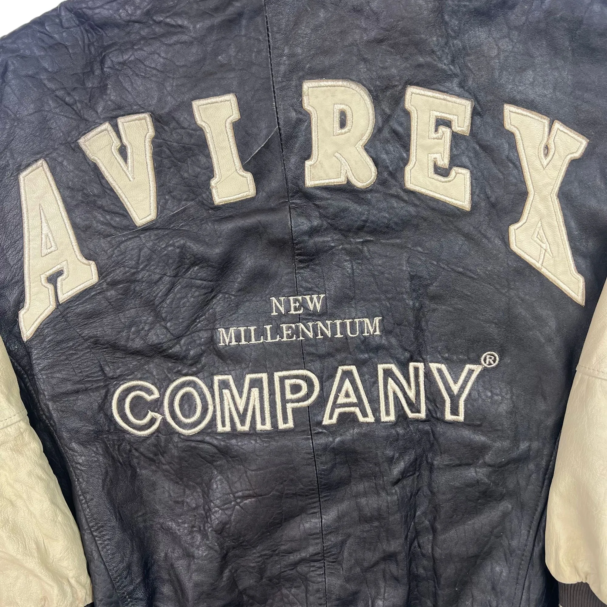 Avirex New Millennium Company Spell Out Leather Jacket Black Beige