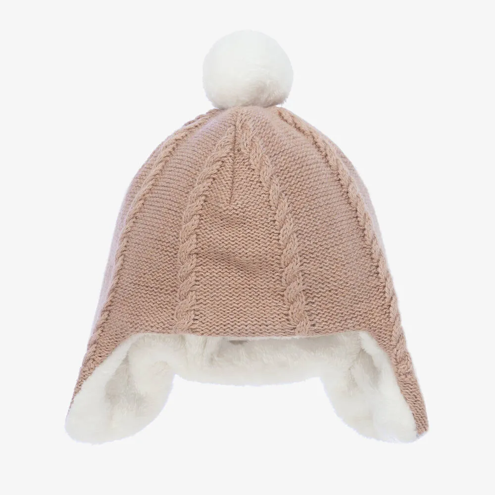 Beige Cotton & Wool Pom-Pom Hat