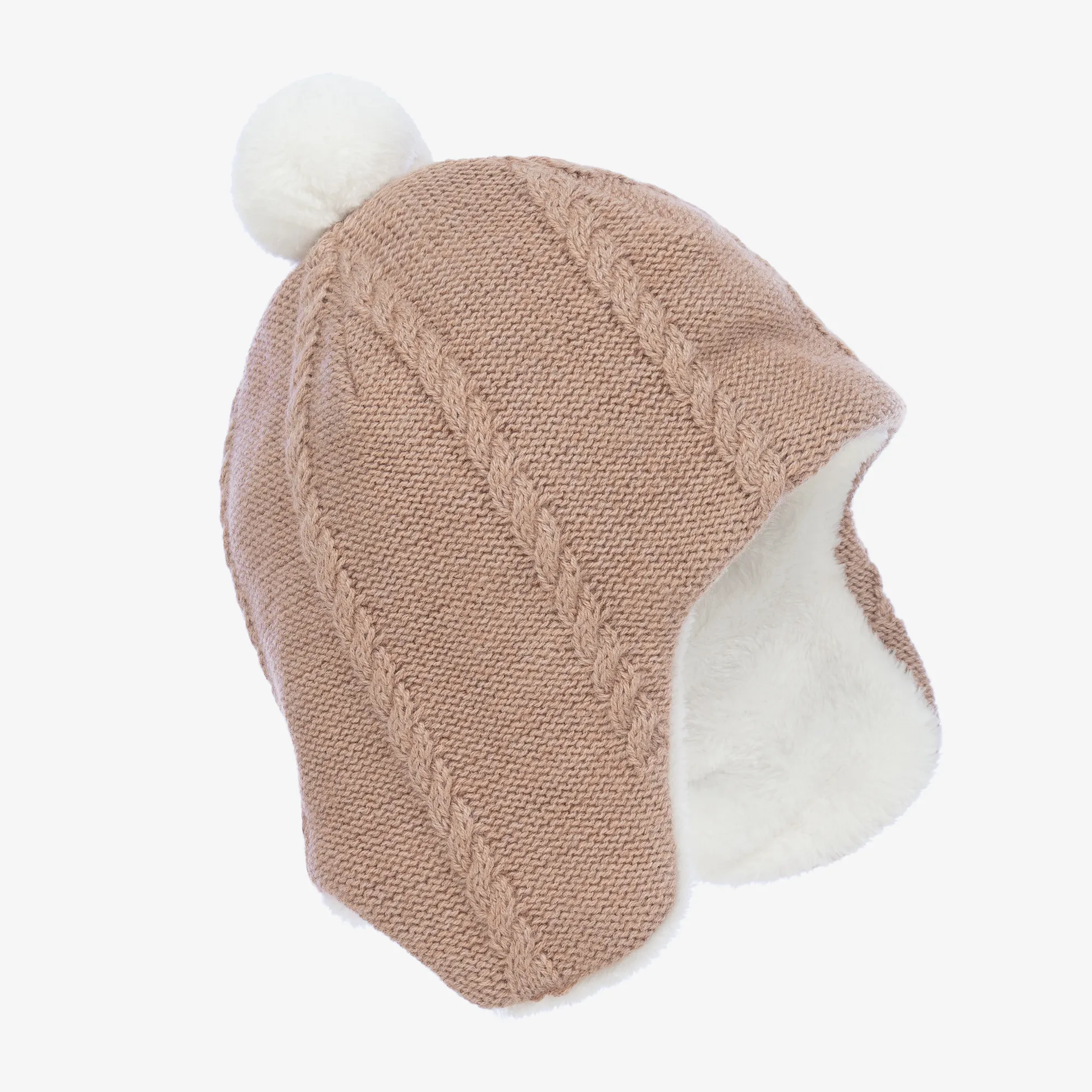 Beige Cotton & Wool Pom-Pom Hat