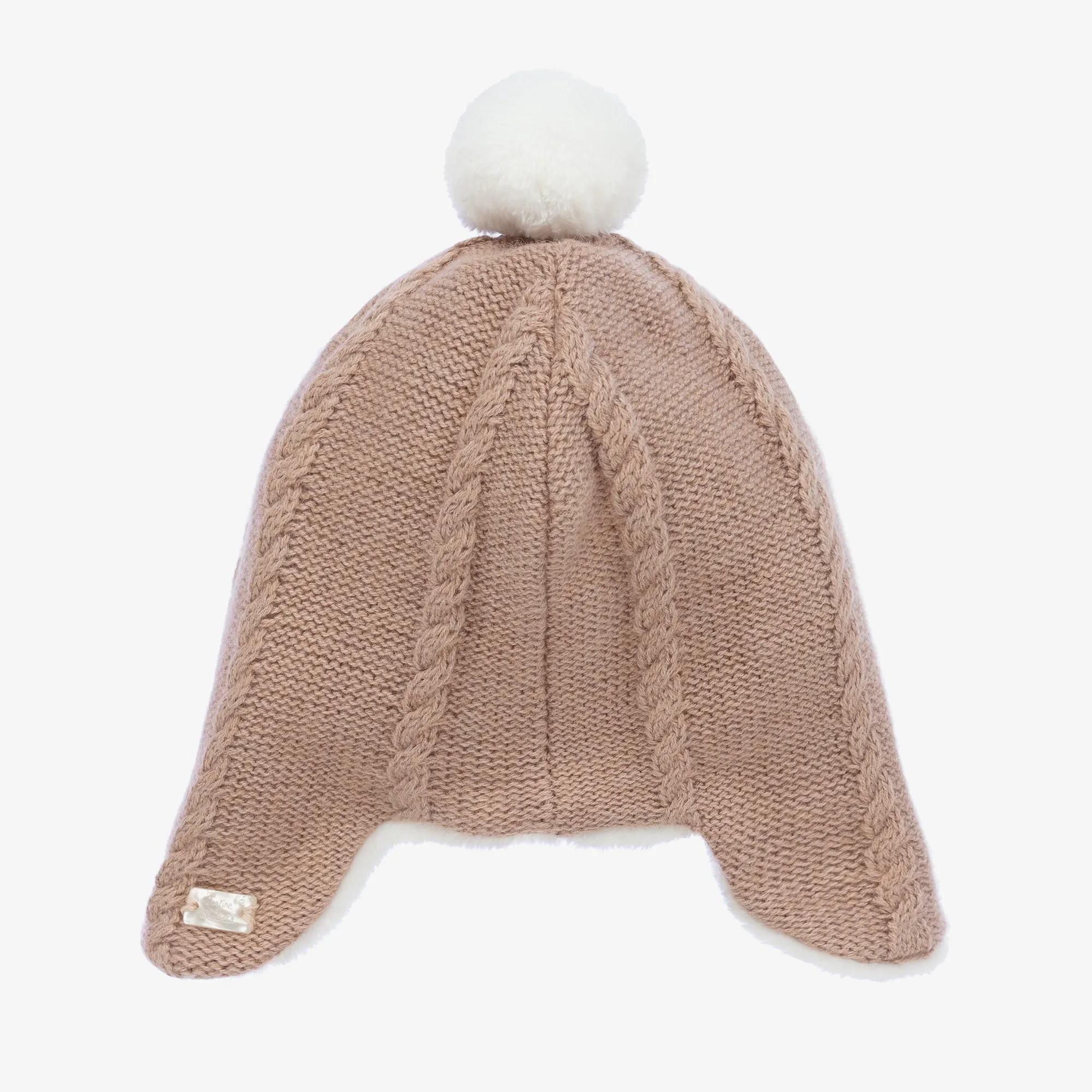 Beige Cotton & Wool Pom-Pom Hat