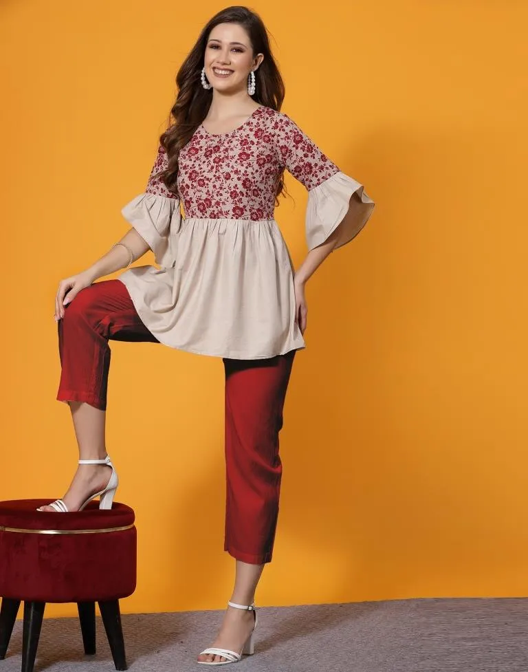 Beige Cotton Printed Tunic Top