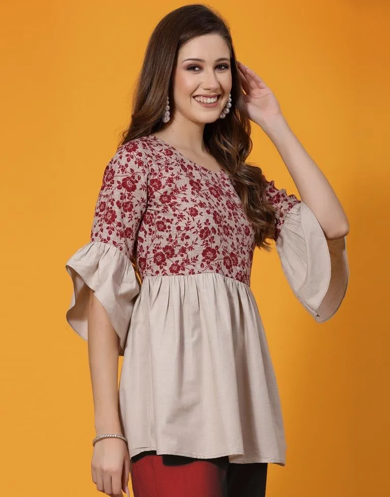 Beige Cotton Printed Tunic Top