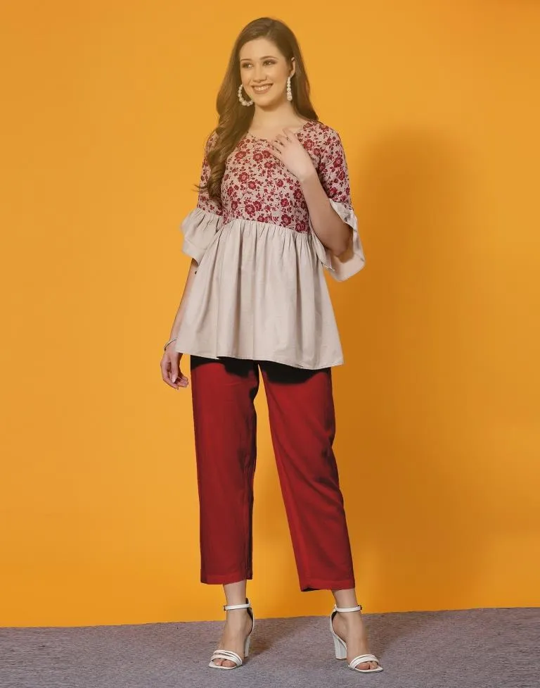 Beige Cotton Printed Tunic Top