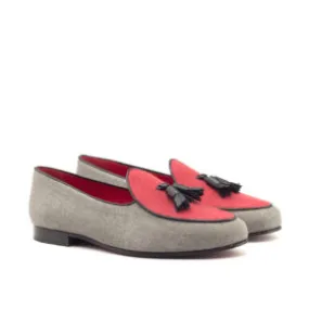 --Belgian Slipper Black Calf Leather, Grey Linen, Red Linen-