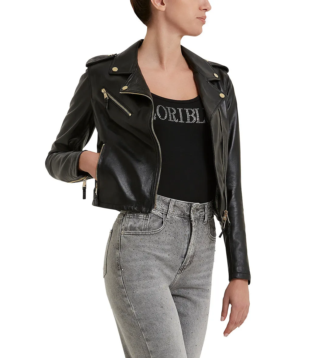 Biker style black leather jacket