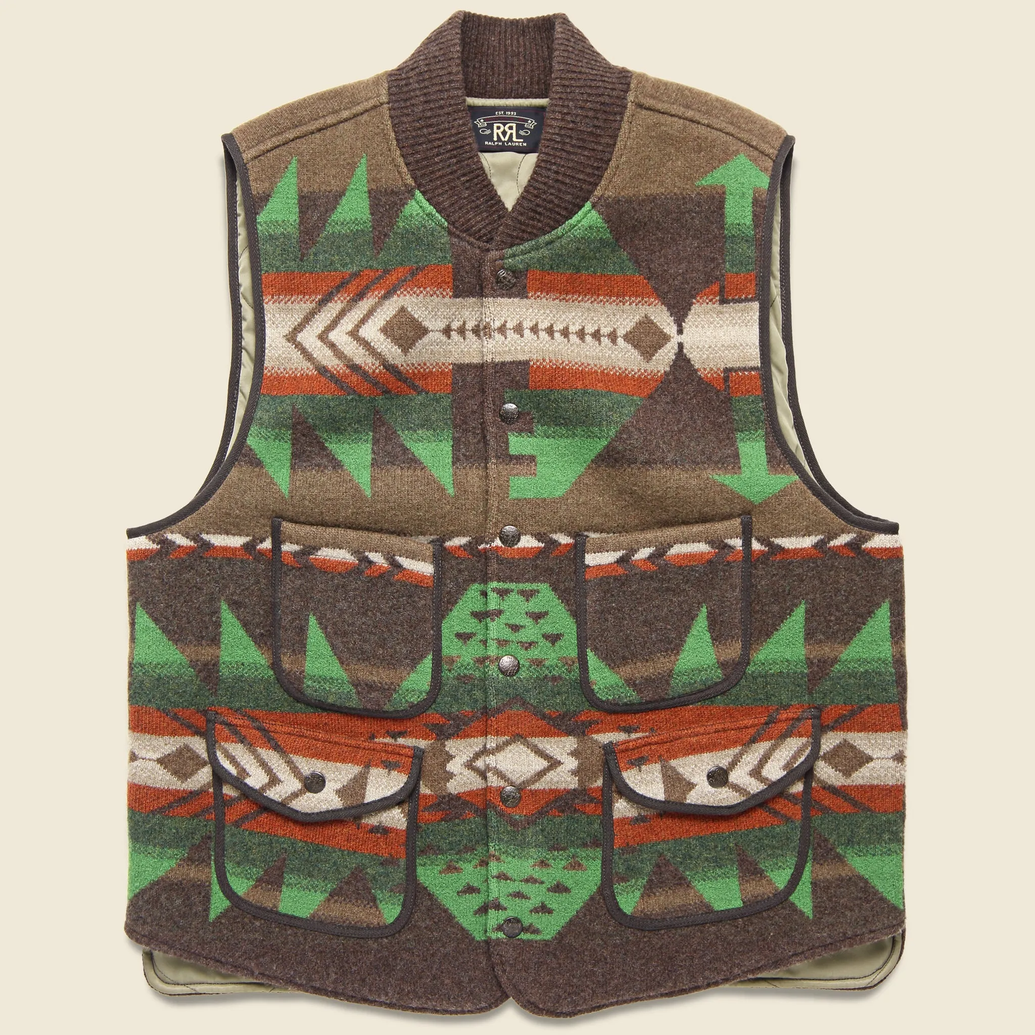 Boiled Wool Jacquard Vest - Brown/Cream/Green