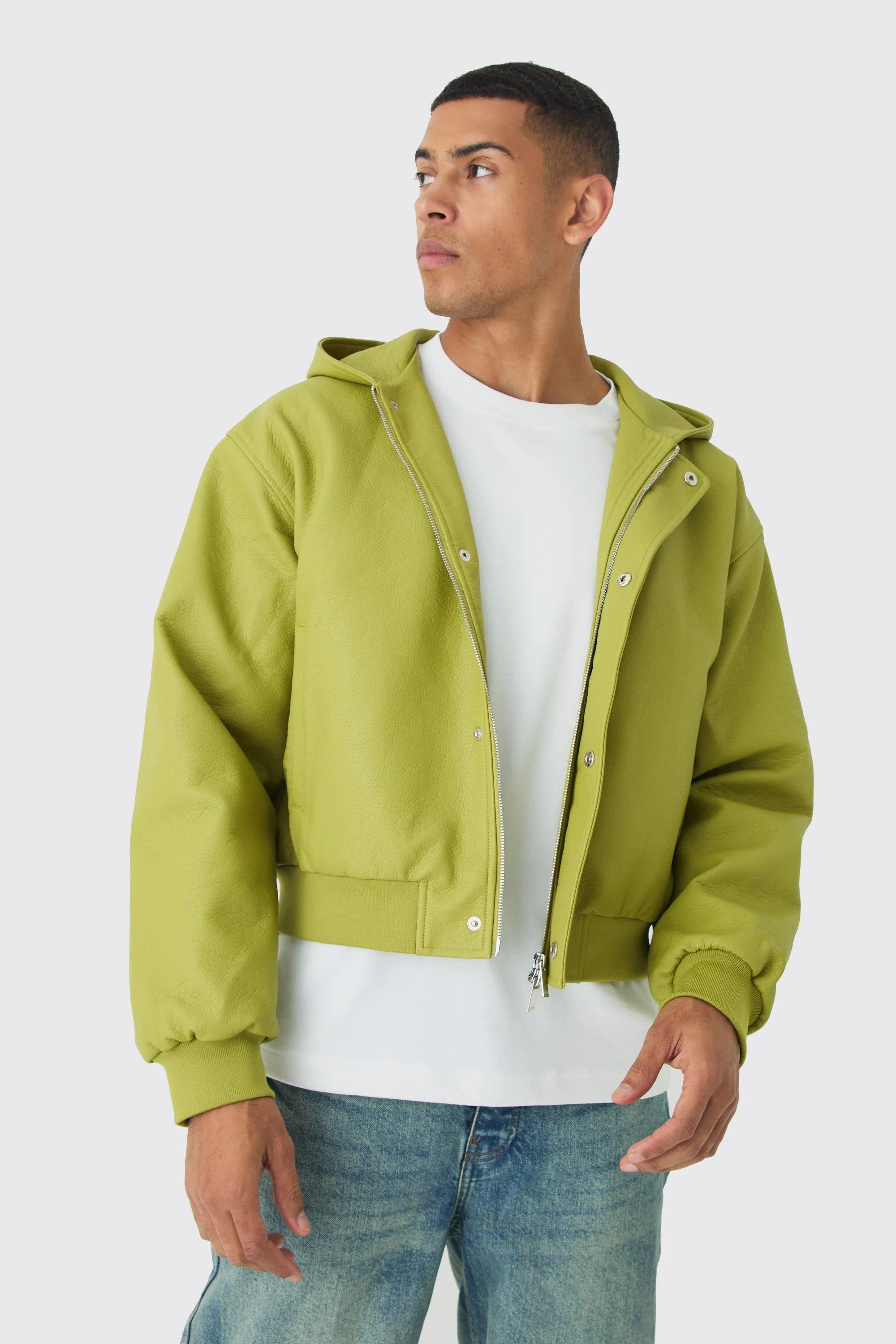 Boxy Hooded Pu Bomber Jacket In Lime