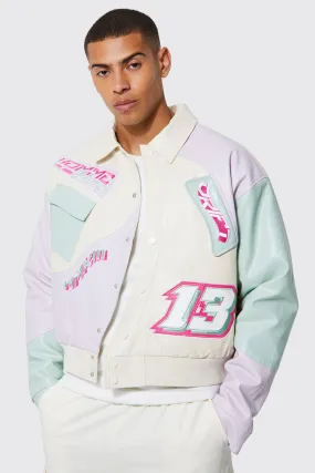 Boxy Patchwork Pu Collared Bomber