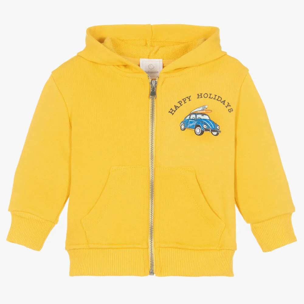 Boys Yellow Cotton Hooded Zip-Up Top