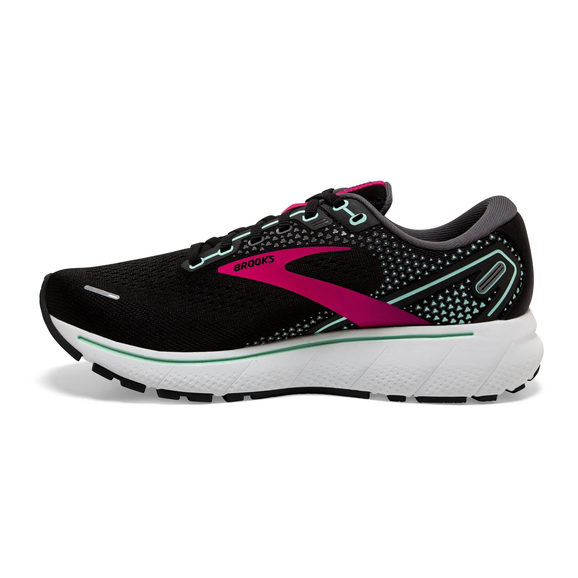 Brooks Womens Ghost 14 Lightweight Running Shoe- Black/Pink/Yucca