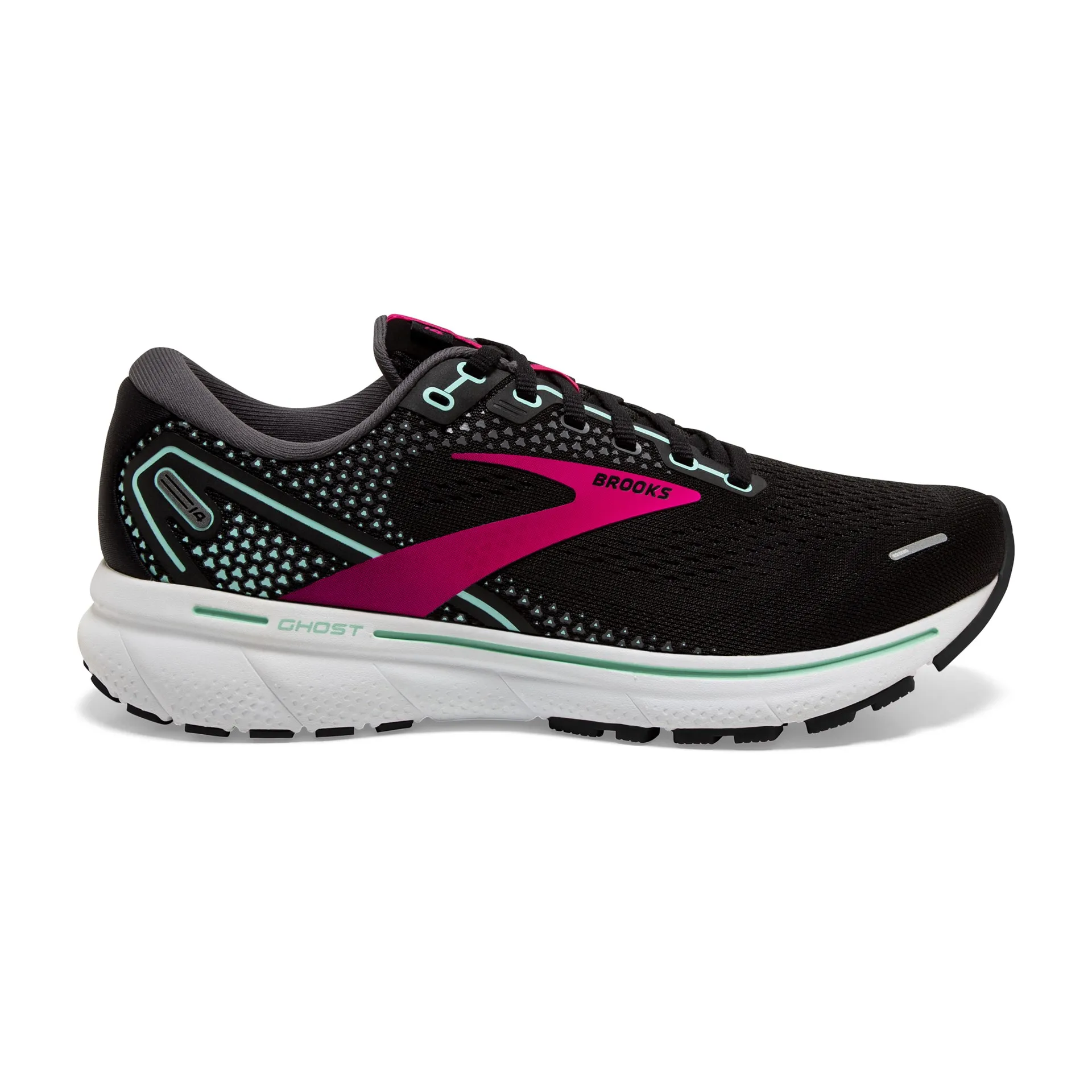 Brooks Womens Ghost 14 Lightweight Running Shoe- Black/Pink/Yucca