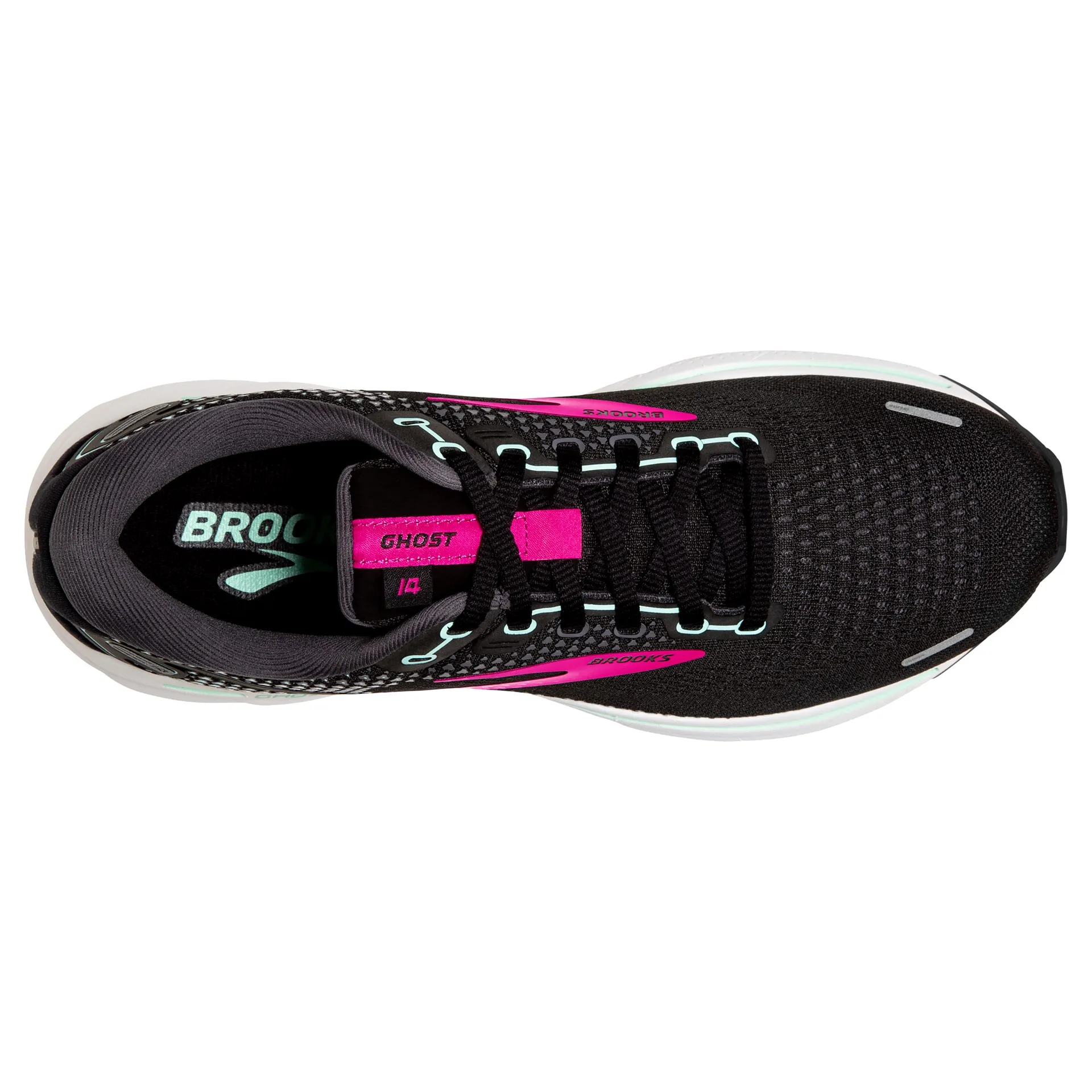 Brooks Womens Ghost 14 Lightweight Running Shoe- Black/Pink/Yucca