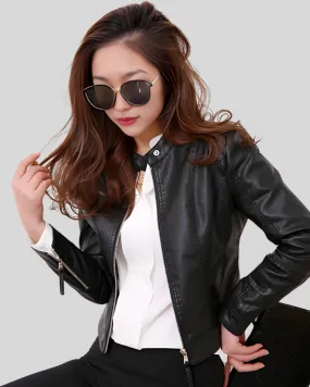 City Sleek Women's Fitted Black Leather Jacket with Textured Sleeves