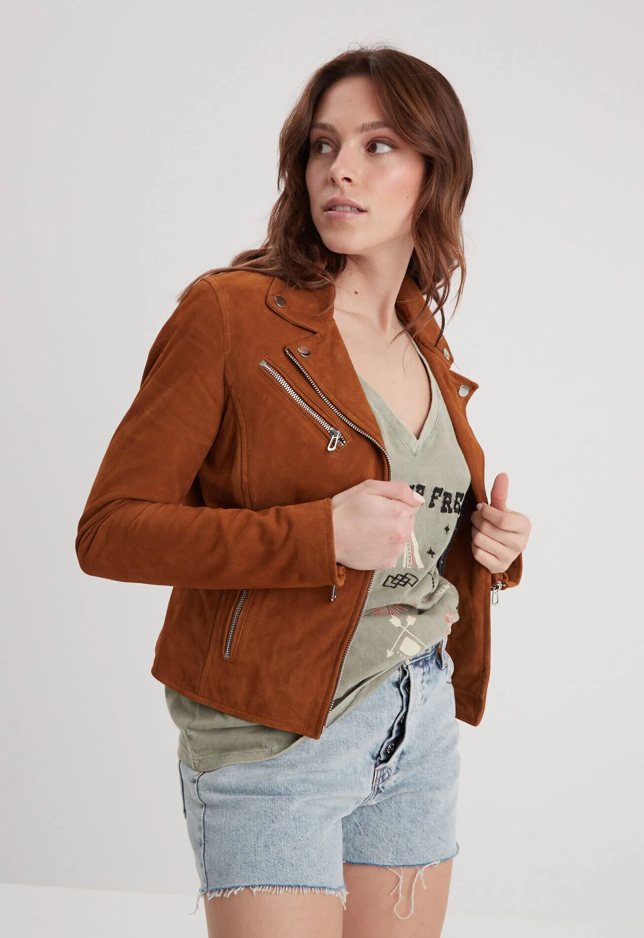 Cognac biker style leather jacket for women 101577