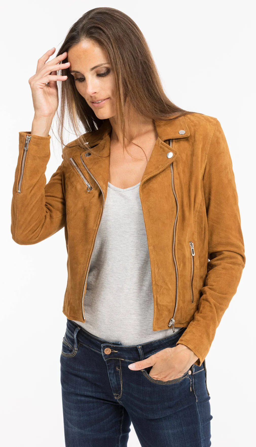 Cognac biker style leather jacket for women 101577