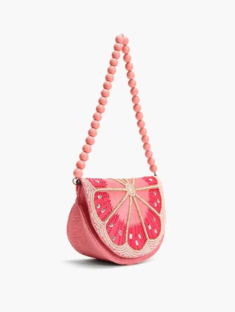 Crescent Lemon Embellished Shoulder Bag in Pink