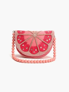 Crescent Lemon Embellished Shoulder Bag in Pink