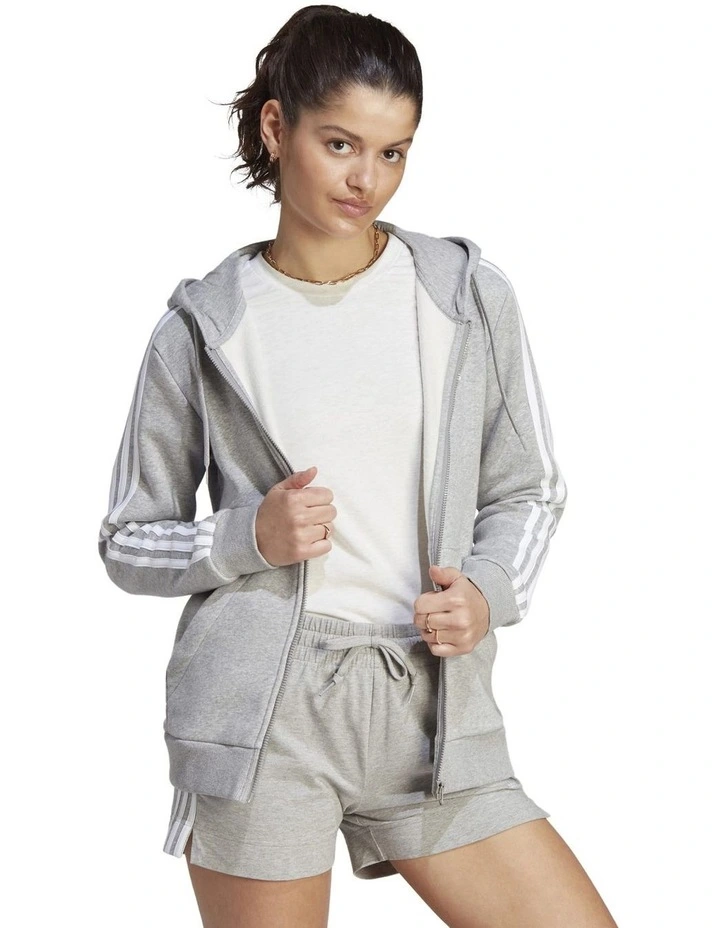 Essentials 3-Stripes Full-Zip Fleece Hoodie in Medium Grey Heather