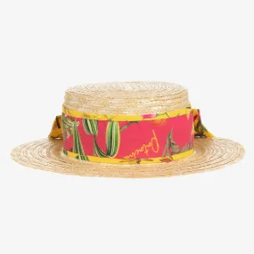 Girls Beige & Pink Floral Straw Hat