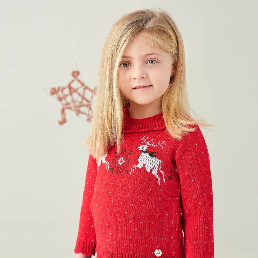 Girls Red Reindeer Jumper 