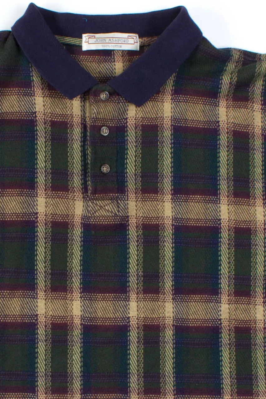 Green Plaid Long Sleeve Polo Shirt