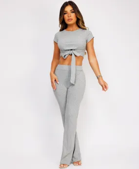 Grey Flare Trousers Tie Up Crop Top Loungewear Set