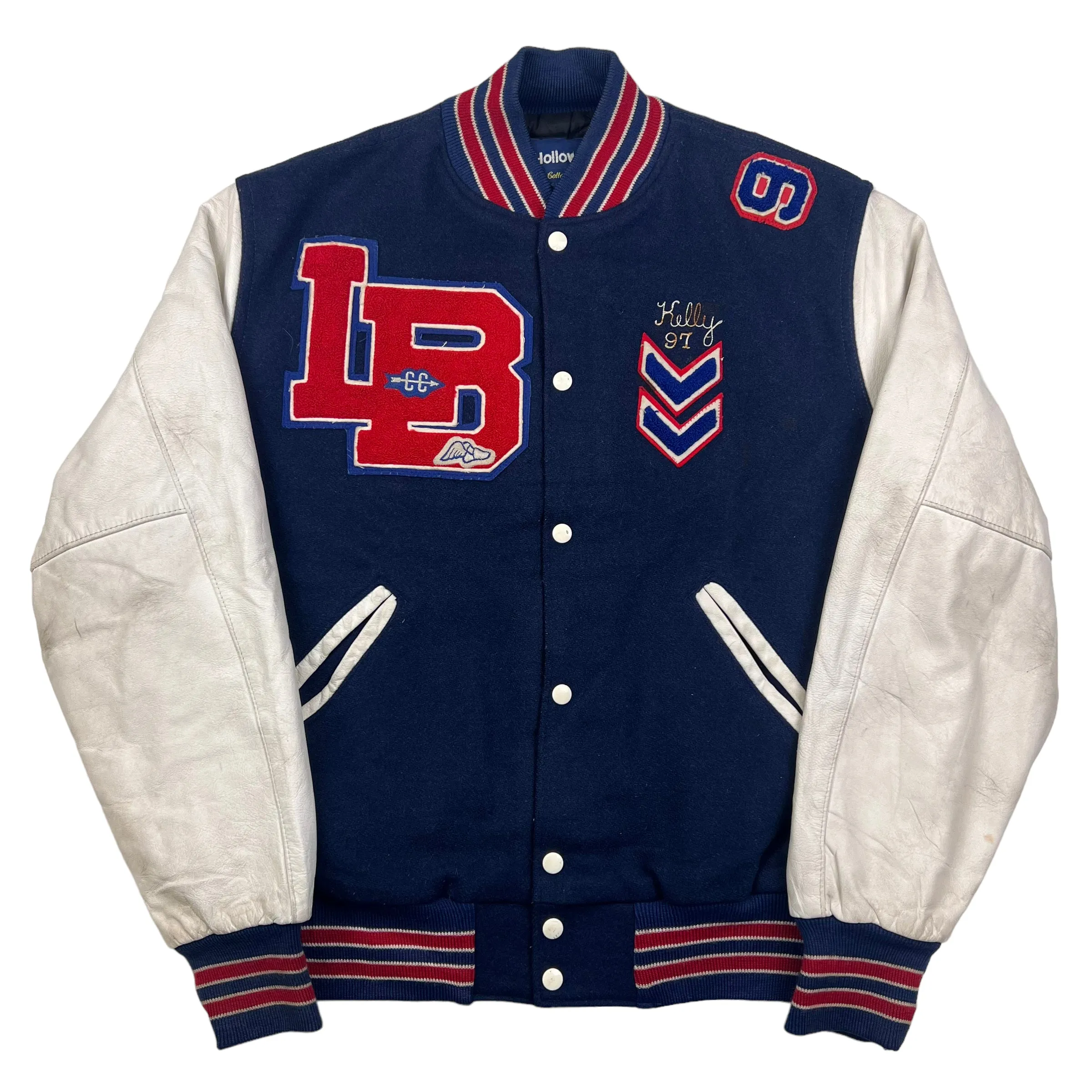 Holloway Track Star Navy Blue Cream Wool Leather Varsity Jacket