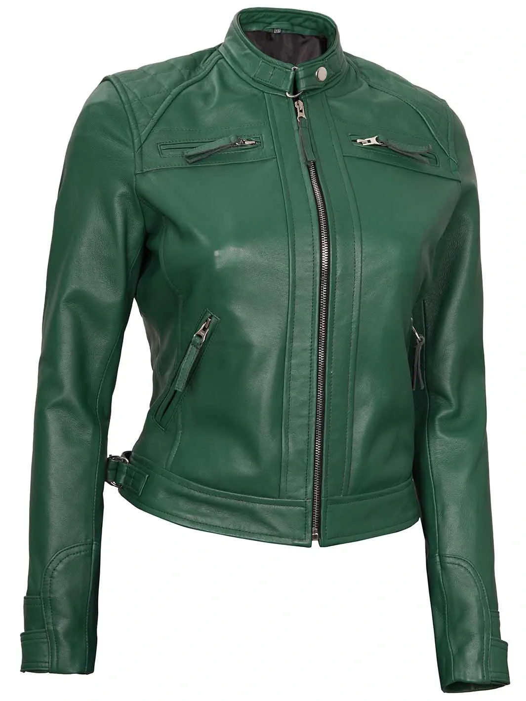 Johnson Women Cafe Racer Green Leather Jacket