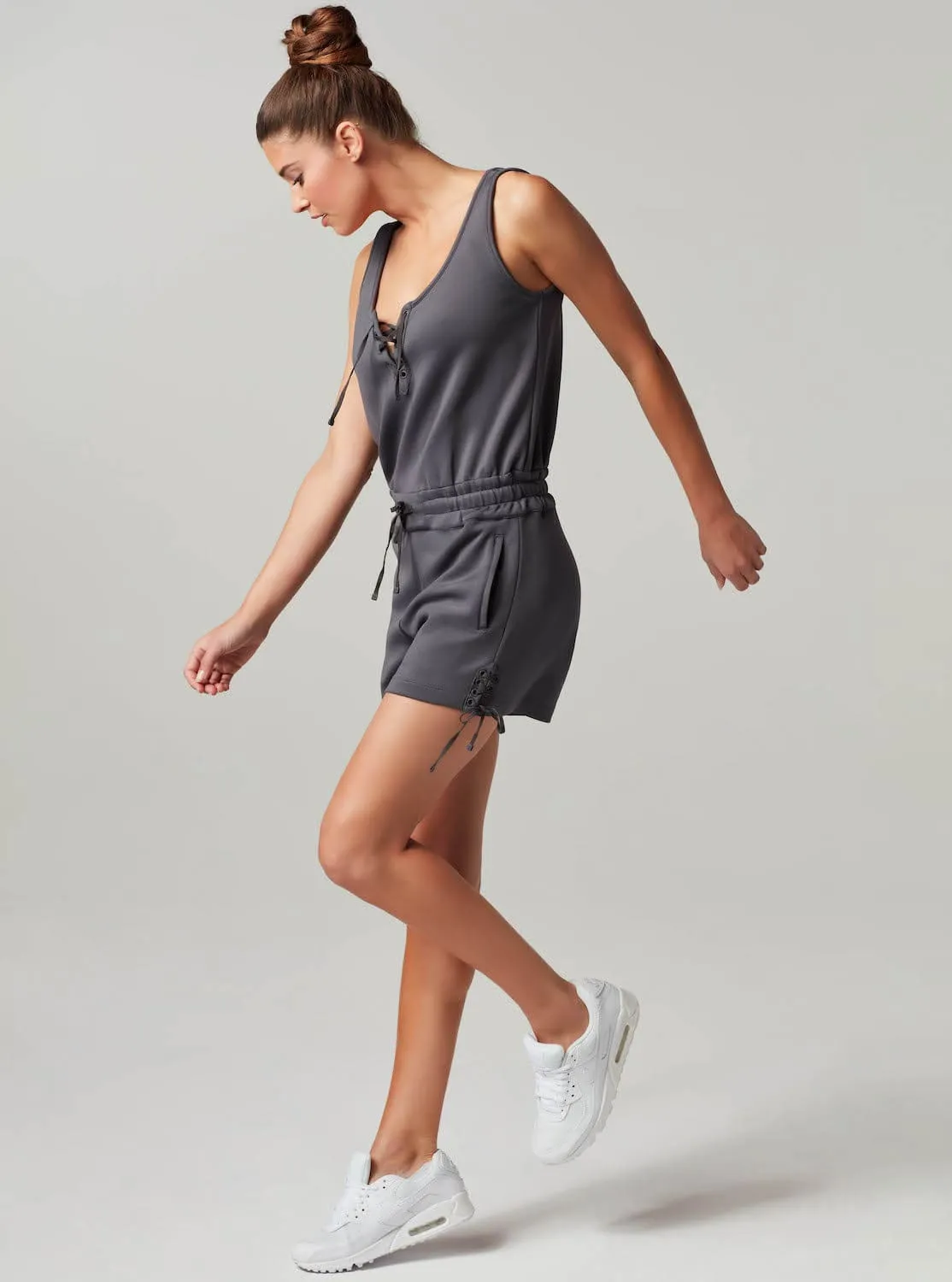 Lace Up Romper - Char - Final Sale