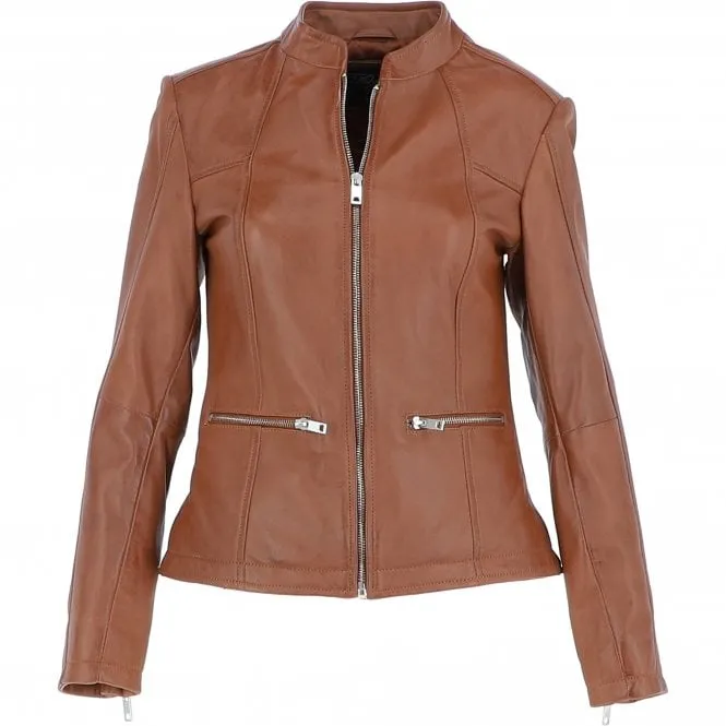 Ladies Veg Tanned Leather Mandarin Collar Biker Jacket Tan: AWL-265