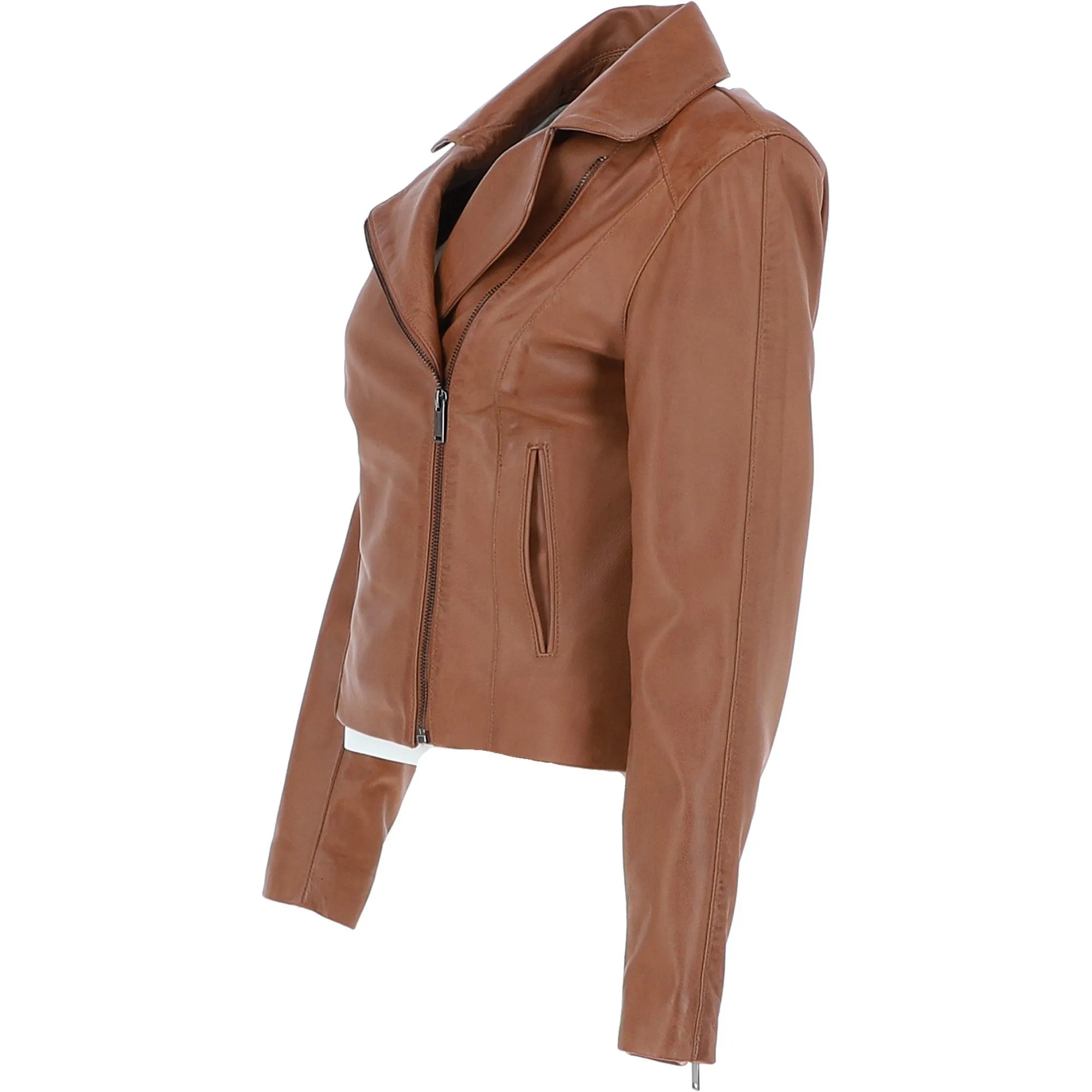 Ladies Veg Tanned Leather Plain Biker Jacket Tan: AWL-79