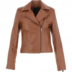 Ladies Veg Tanned Leather Plain Biker Jacket Tan: AWL-79