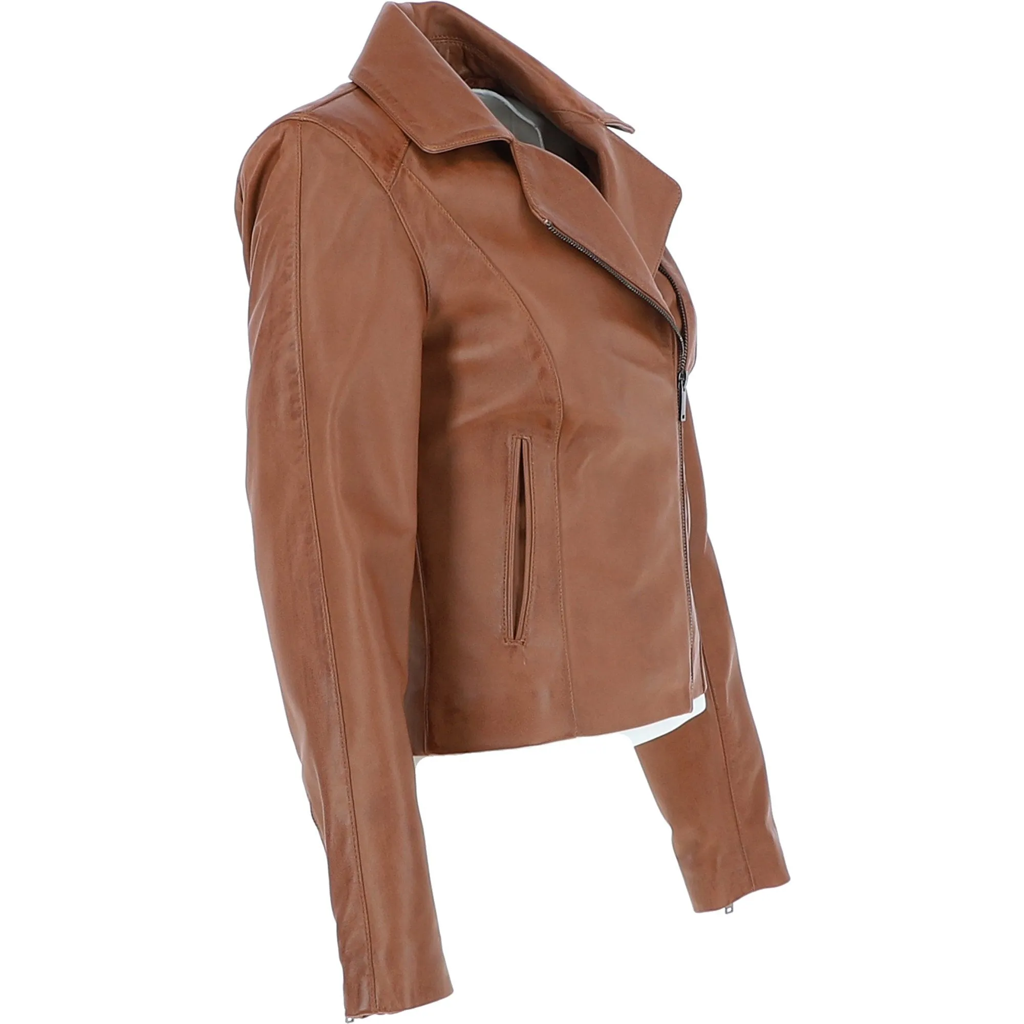 Ladies Veg Tanned Leather Plain Biker Jacket Tan: AWL-79