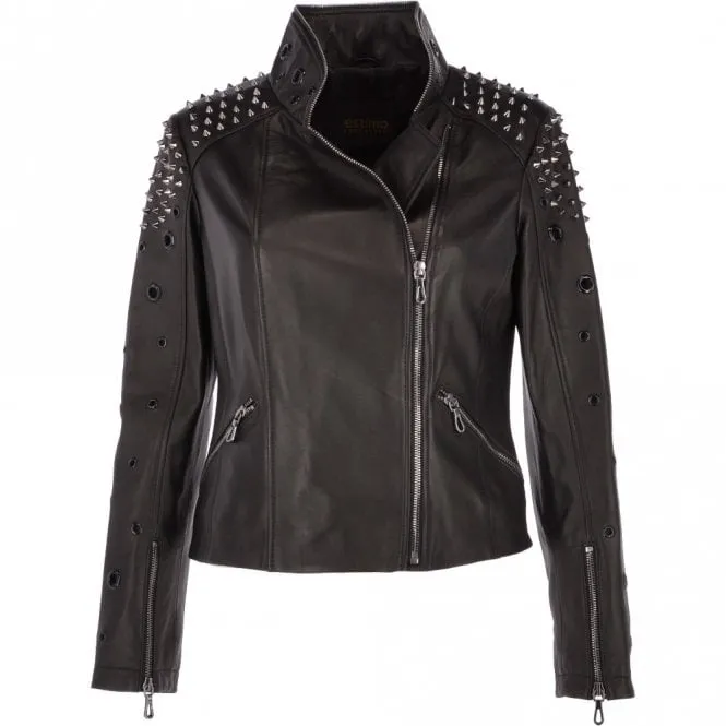 Ladies Vegetable Tanned Leather Studded Biker Jacket Black : Osha