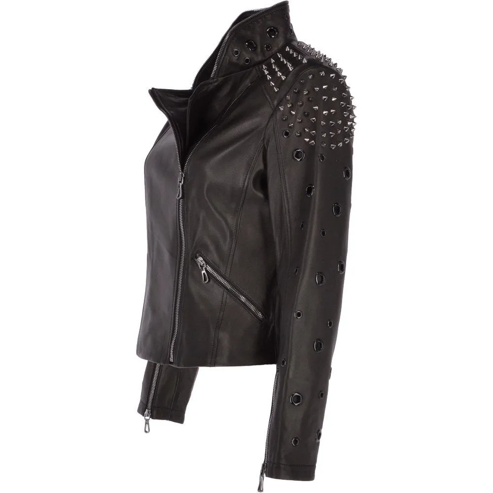 Ladies Vegetable Tanned Leather Studded Biker Jacket Black : Osha