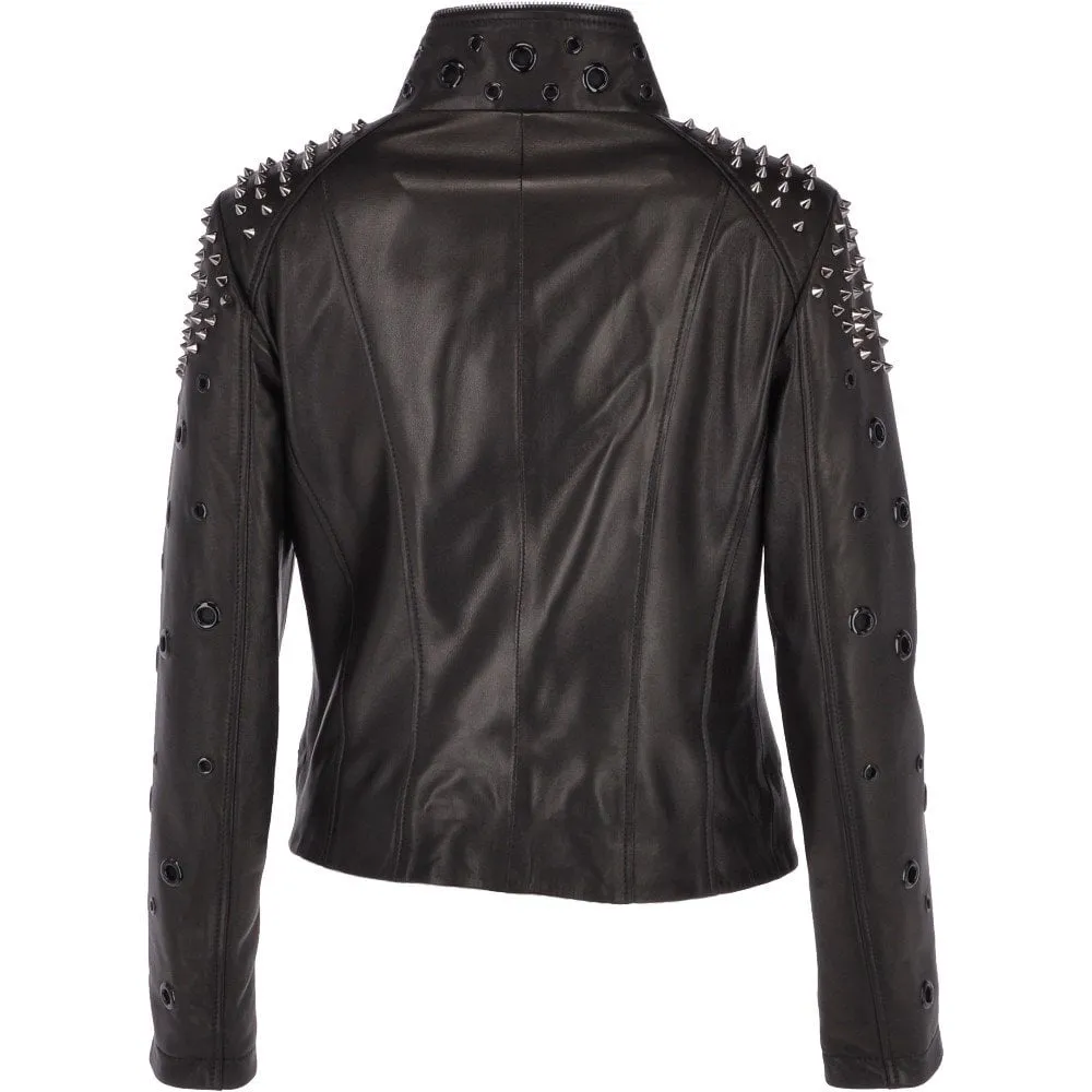 Ladies Vegetable Tanned Leather Studded Biker Jacket Black : Osha