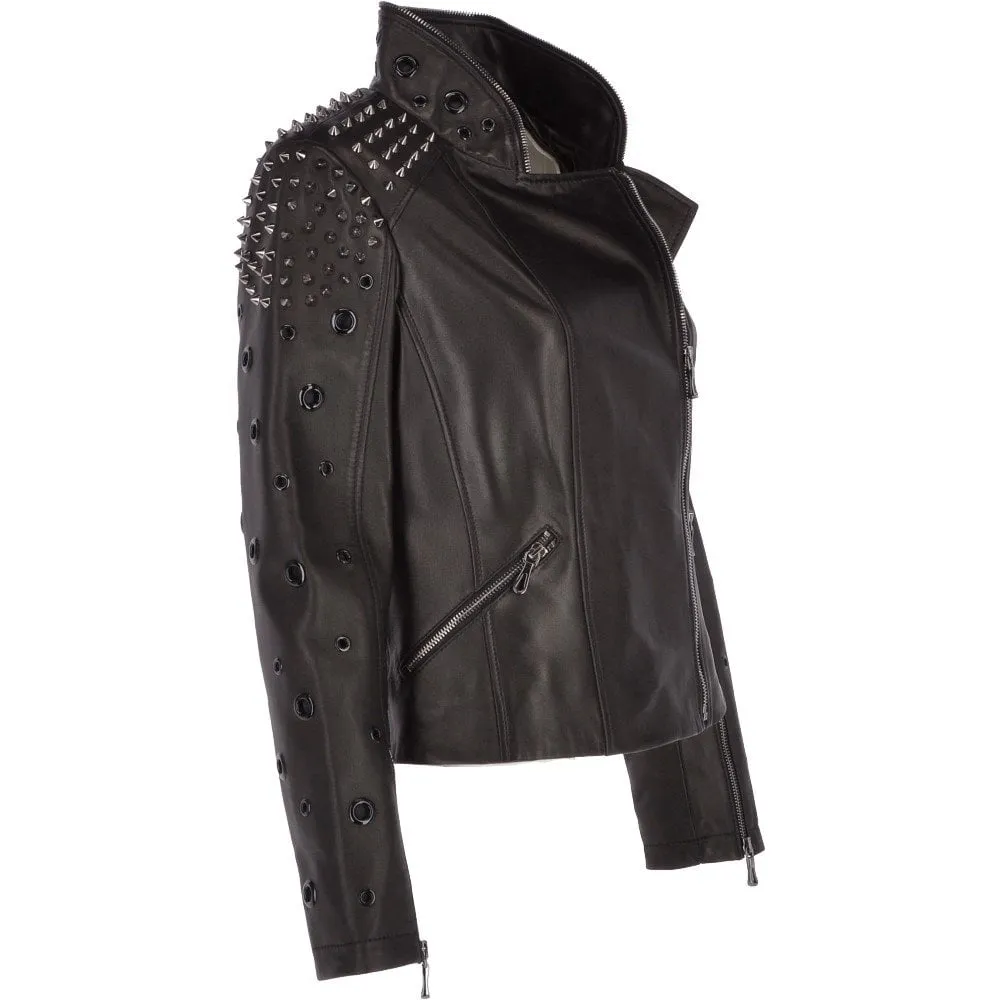 Ladies Vegetable Tanned Leather Studded Biker Jacket Black : Osha