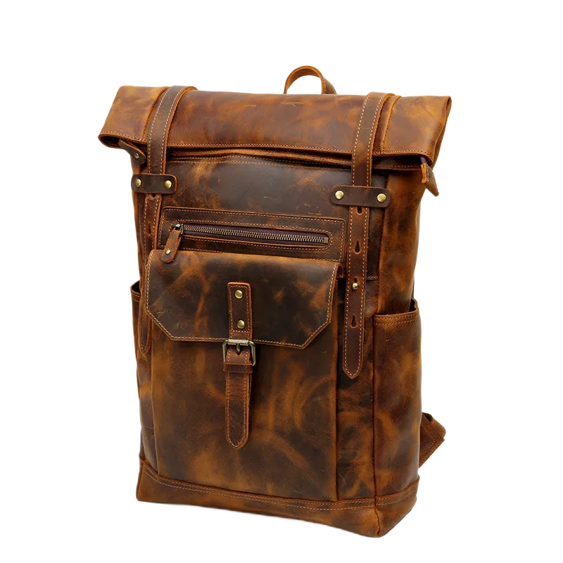 Leather Roll Top Backpack with Pockets - Horizon Leathers