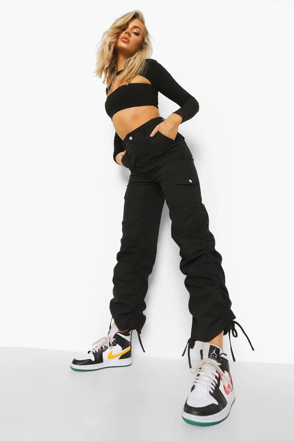 Linen Look Wide Leg Cargo Pants