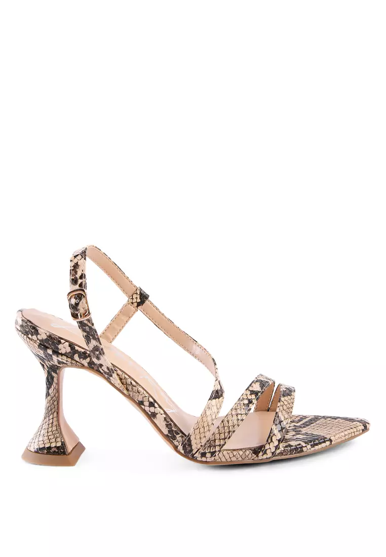 London Rag Macchiato Yellow Snake Print Spool Heeled Sandals