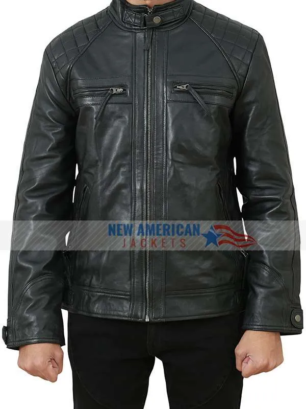 Men's Biker Quilted Shoulder Black Leather Jacket