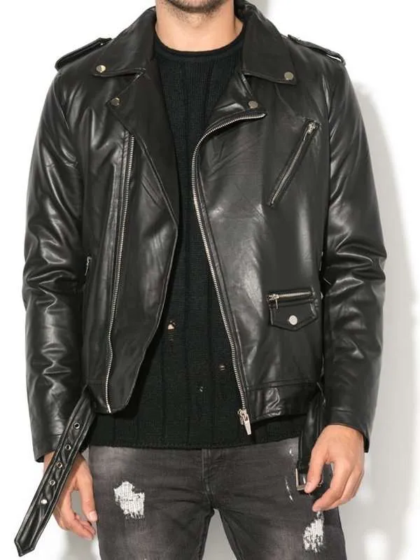 Men's Classic Brando Style Biker Black Leather Jacket