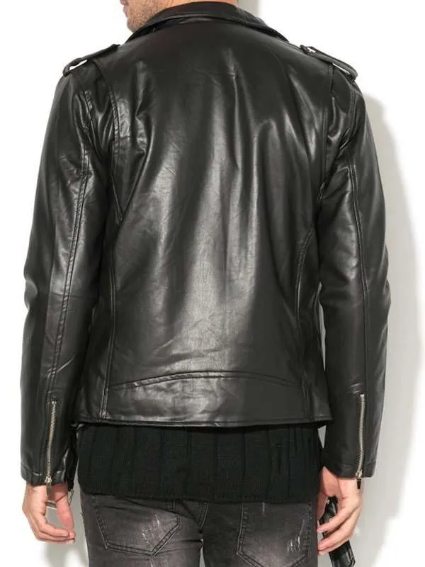 Men's Classic Brando Style Biker Black Leather Jacket