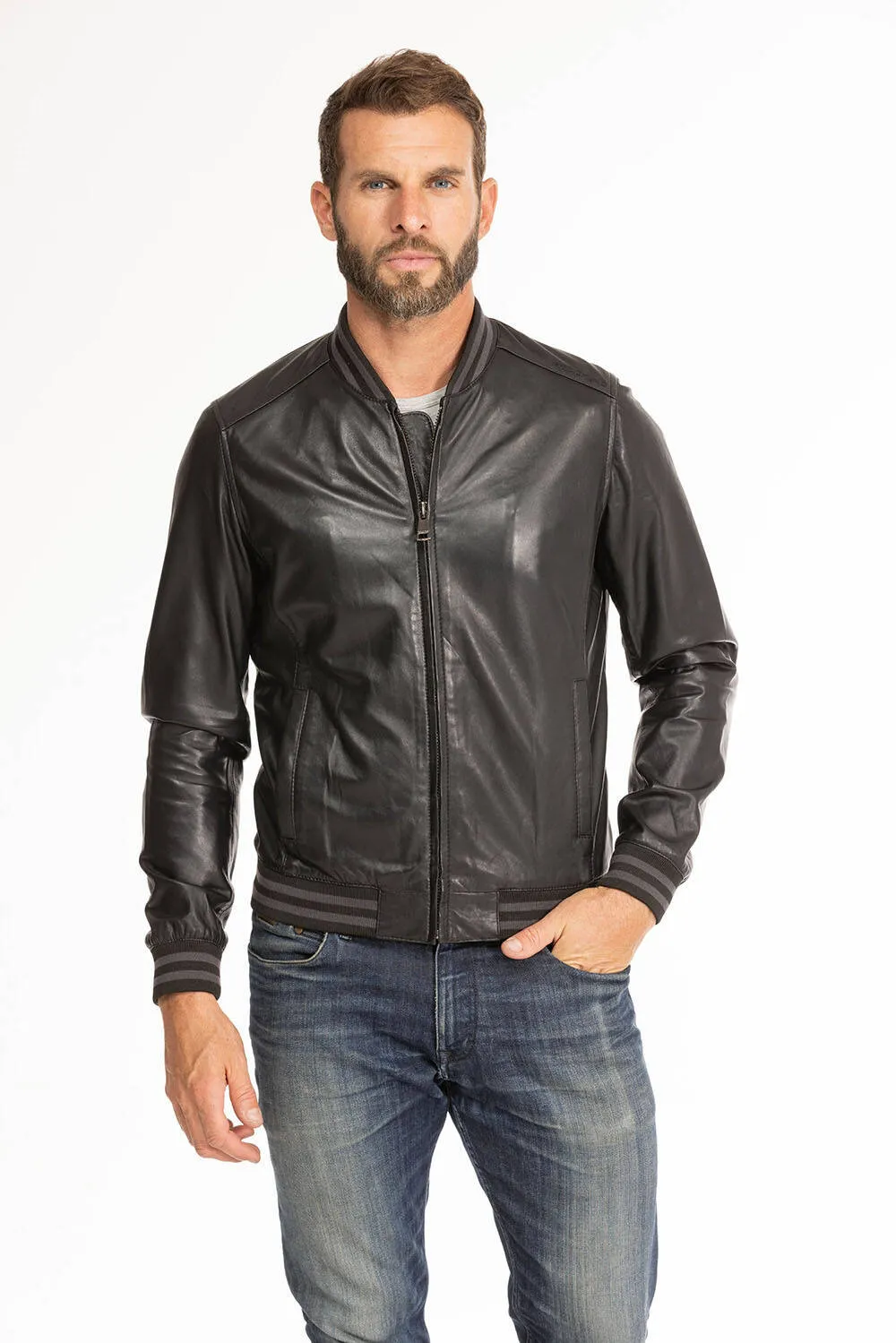 Men's black leather jacket in redskins dives teddy style