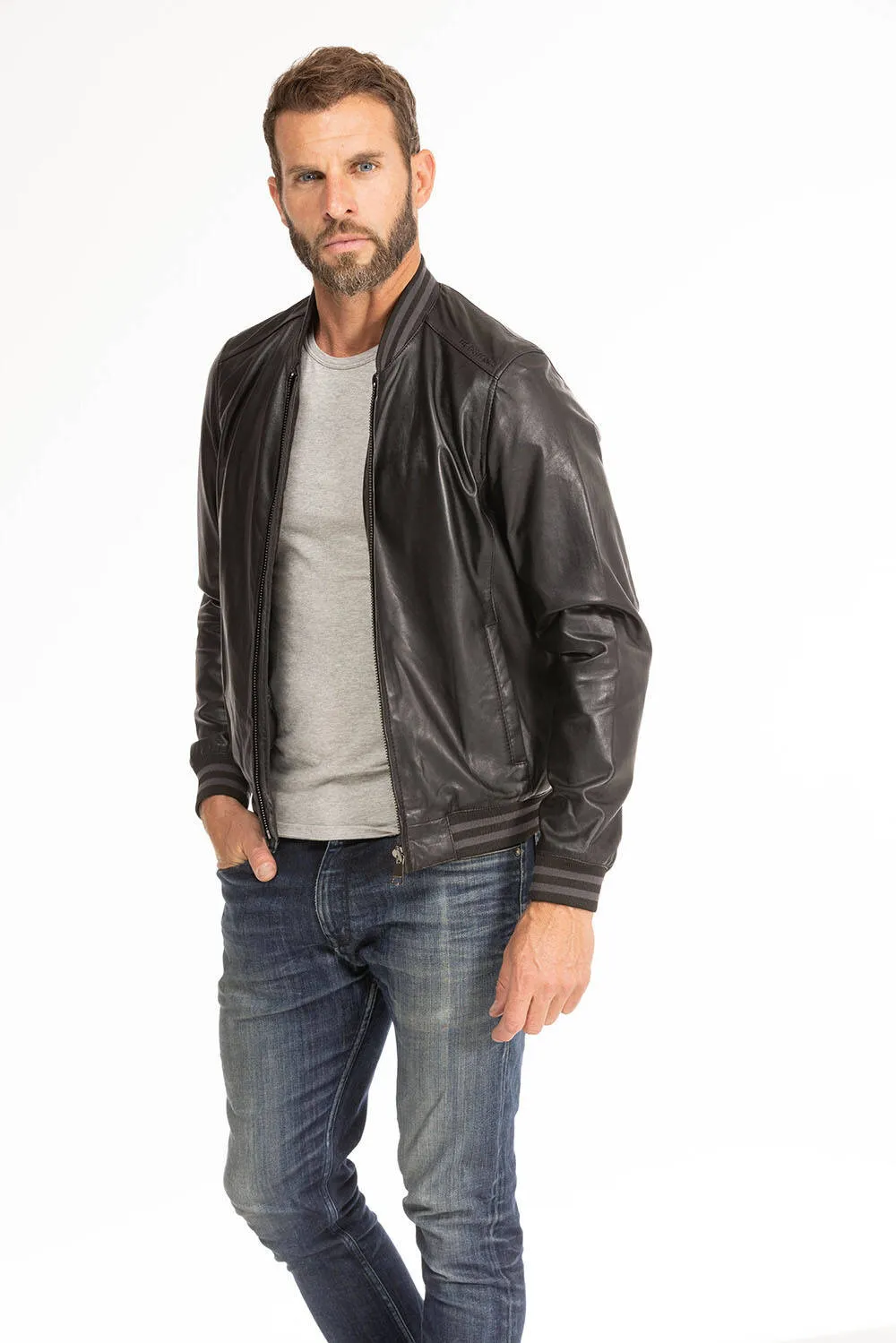 Men's black leather jacket in redskins dives teddy style