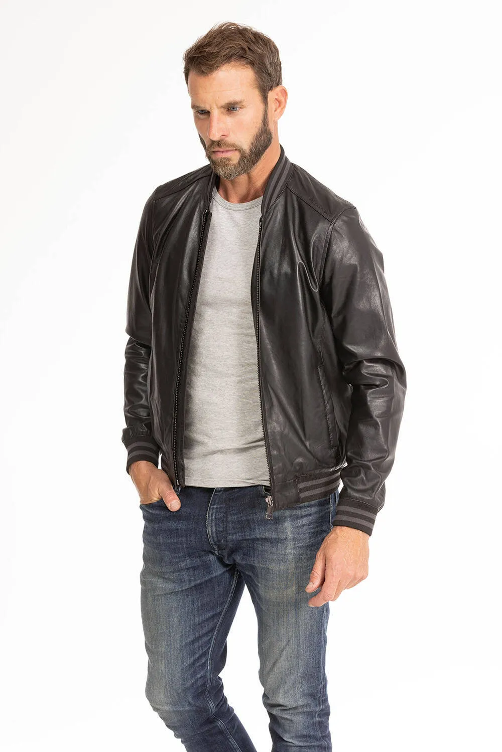 Men's black leather jacket in redskins dives teddy style